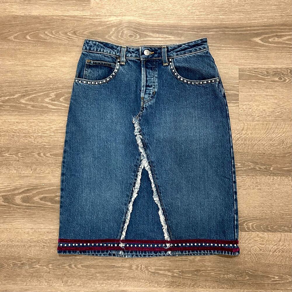 GAP Vintage Denim Midi Skirt Rhinestone Fringe Trim Made in USA Size 1